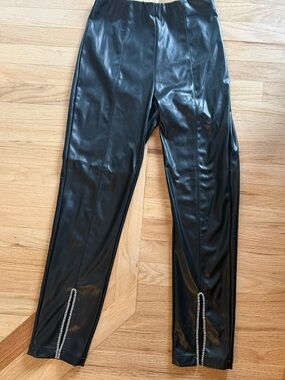 Sage the label Black Faux Leather Pants with Rhinestone slit